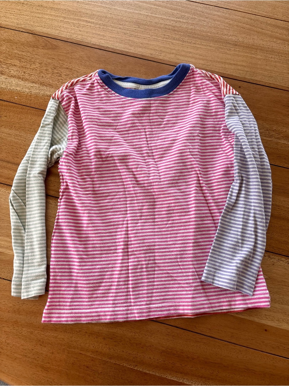 Hanna Andersson Pink Stripe Long Sleeve Colorblock Tee with Blue Neckline
